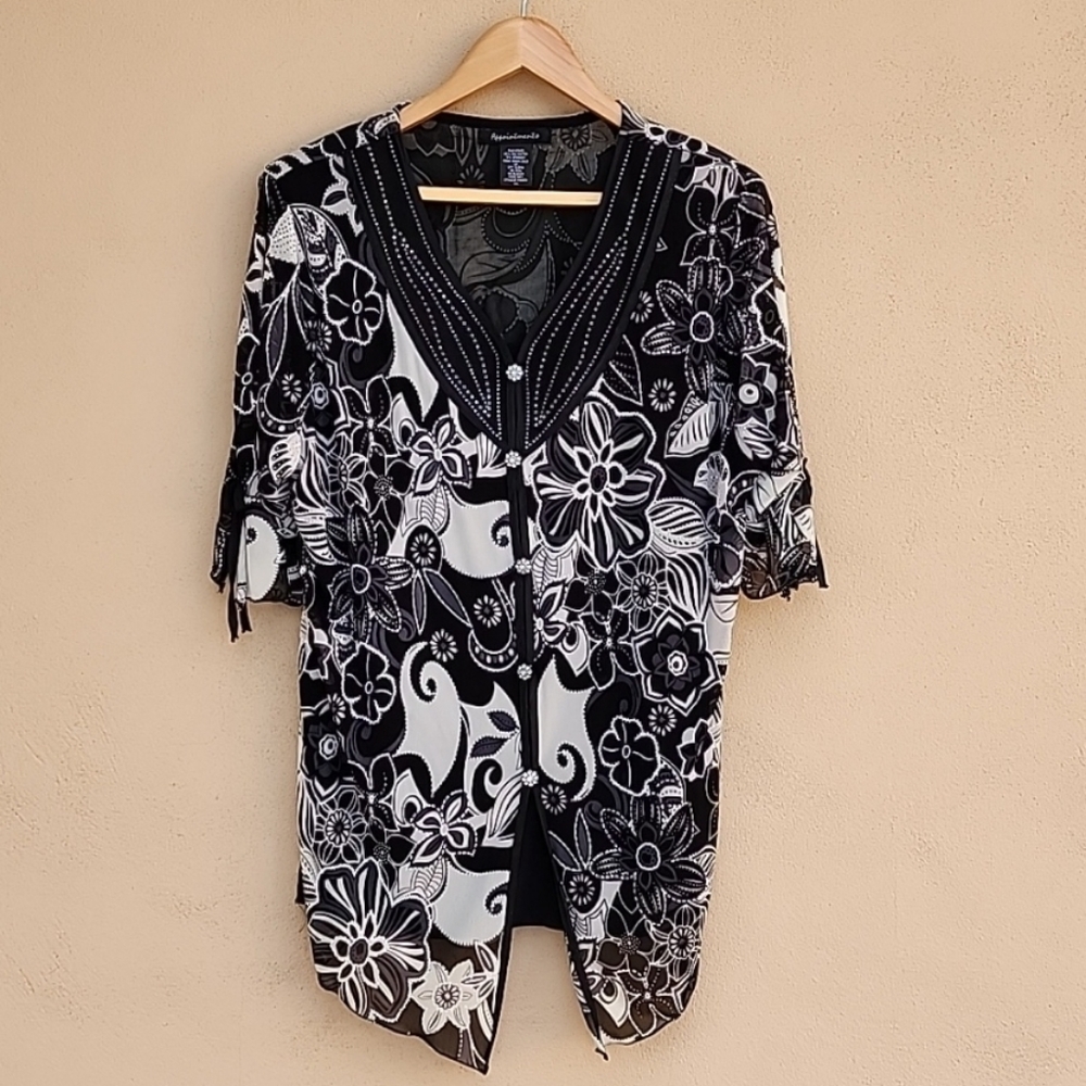 VINTAGE APPOINTMENTS Black Blouse Plus 1X 1XL Top 3/4 Sleeve Bling Top Shirt - Picture 5 of 16